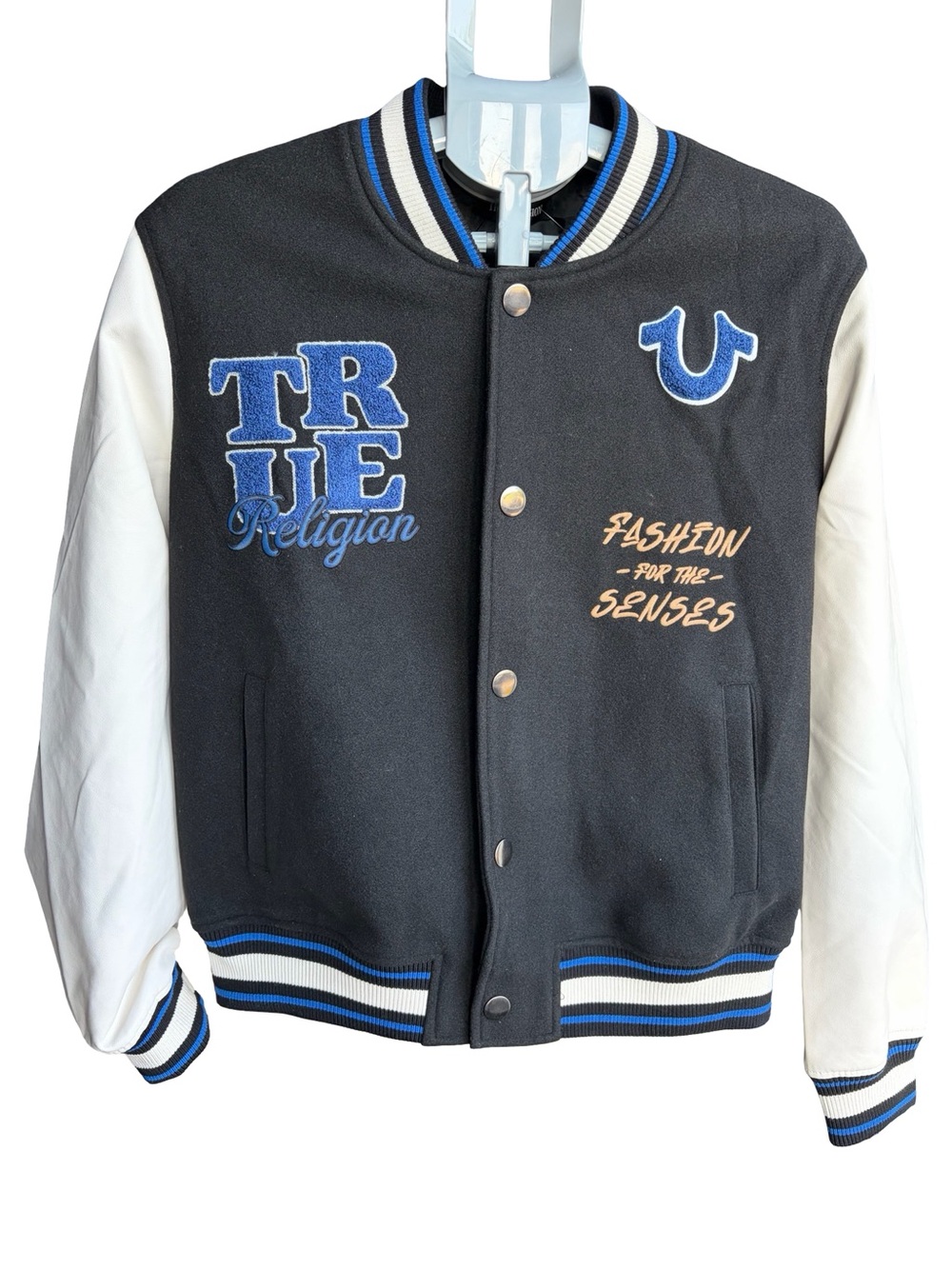 True Religion Black and White Varsity Jacket with Blue Trim